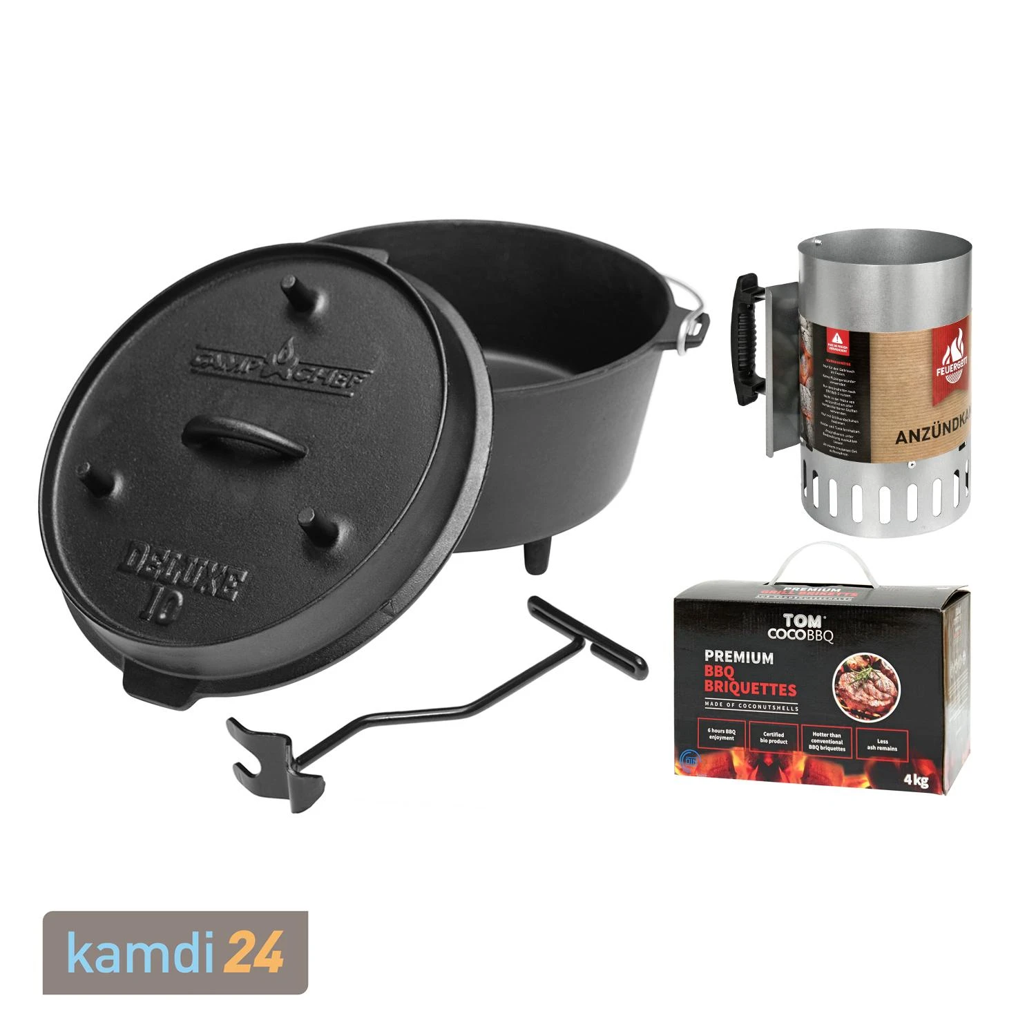 Camp Chef Deluxe Dutch Oven DO-10 Mit 4 Kg Tom Coco Grill-Kokoskohle Briketts Und Feuergott Anzündkamin 3 Camp Chef Deluxe Dutch Oven DO-10 Mit 4 Kg Tom Coco Grill-Kokoskohle Briketts Und Feuergott Anzündkamin
