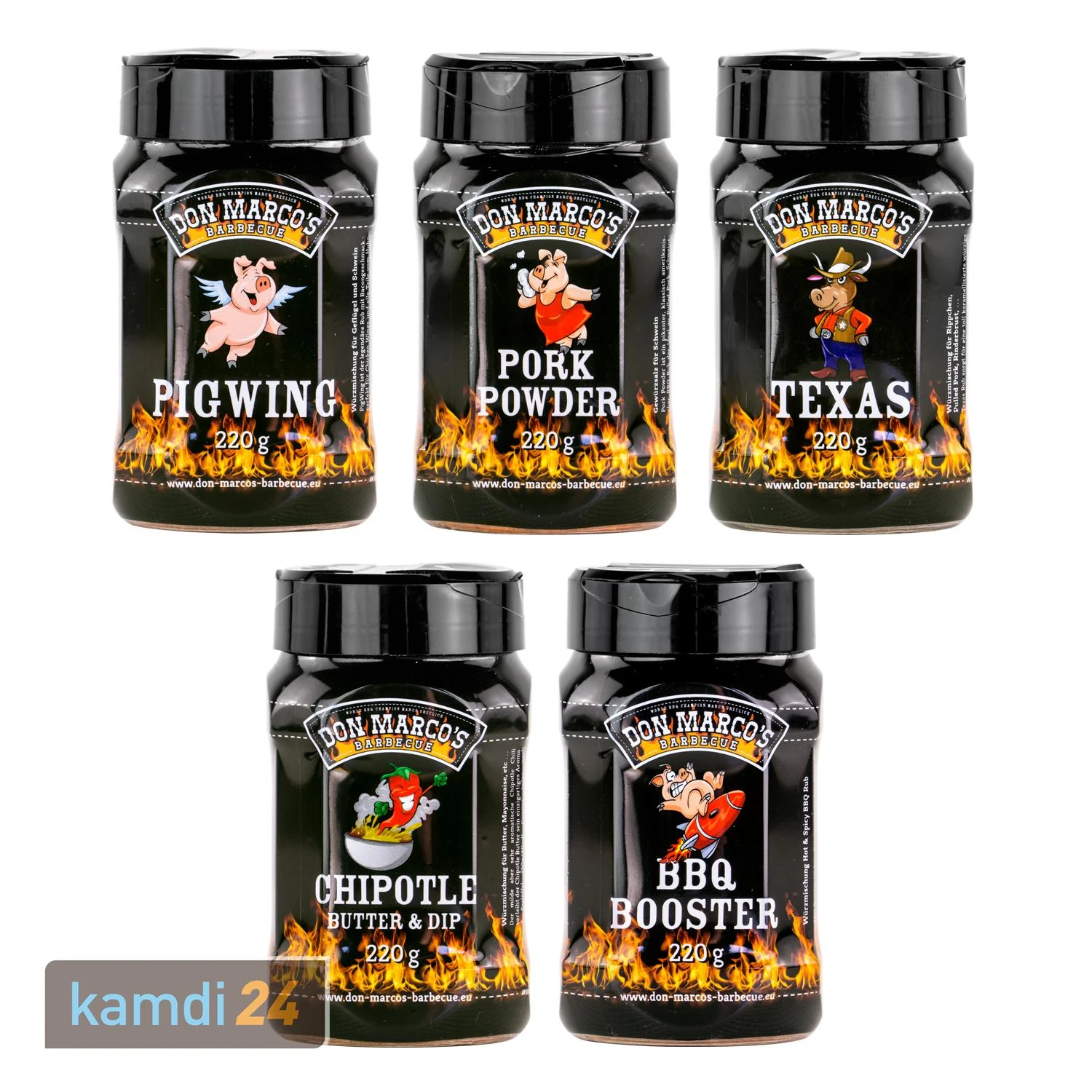 Don Marco´s Rub-Set: PigWing® Seasoning, Pork Powder, Texas Style, Chipotle Butter & Dip Seasoning, BBQ-Booster 3 Don Marco´s Rub-Set: PigWing® Seasoning, Pork Powder, Texas Style, Chipotle Butter & Dip Seasoning, BBQ-Booster