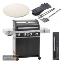 Rösle RÖSLE BBQ-Station Videro G4-S Vario+ Aktuelles Modell Schwarz Gasgrill + Pizzastein Vario + MeatStick Set 2 + Grillwerkzeuge 3er-Set
